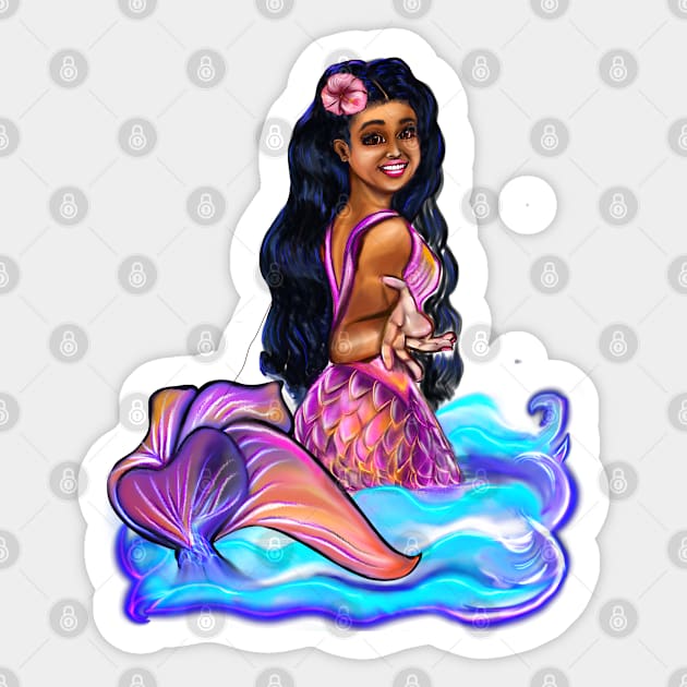 Mermaid Pacific princess  with rainbow coloured colored fins, hibiscus, outstretched  arm, brown eyes, Curly hair  and caramel brown skin - light background Sticker by Artonmytee